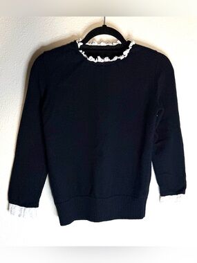 Burberry Navy Blue Knit Crest Sweater White Lace Ruffle Trim Gold Embroidered